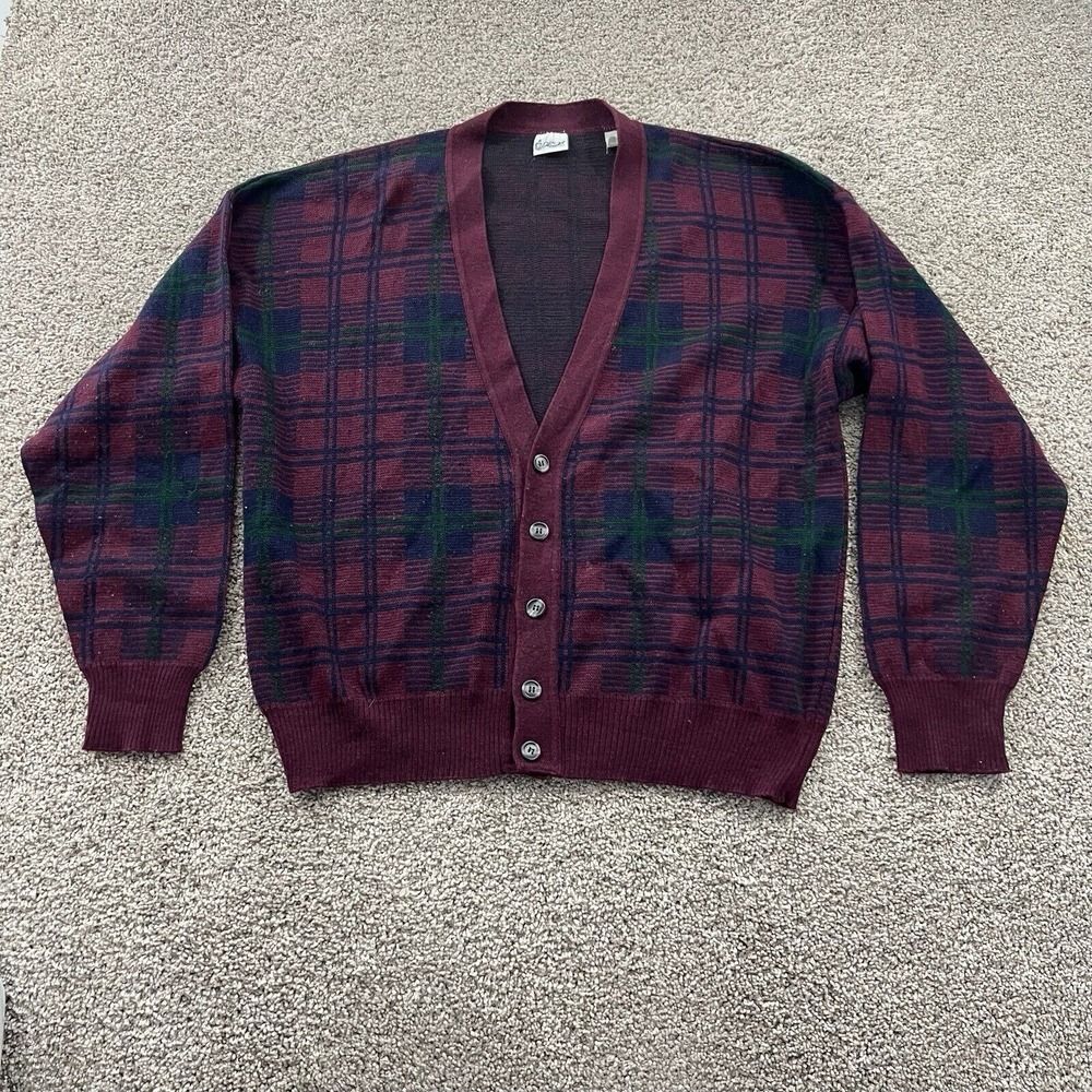 Vintage 90s Streetwear Mens Large Plaid Kurt Cobain‎ Cable Knit Cardigan Sweater